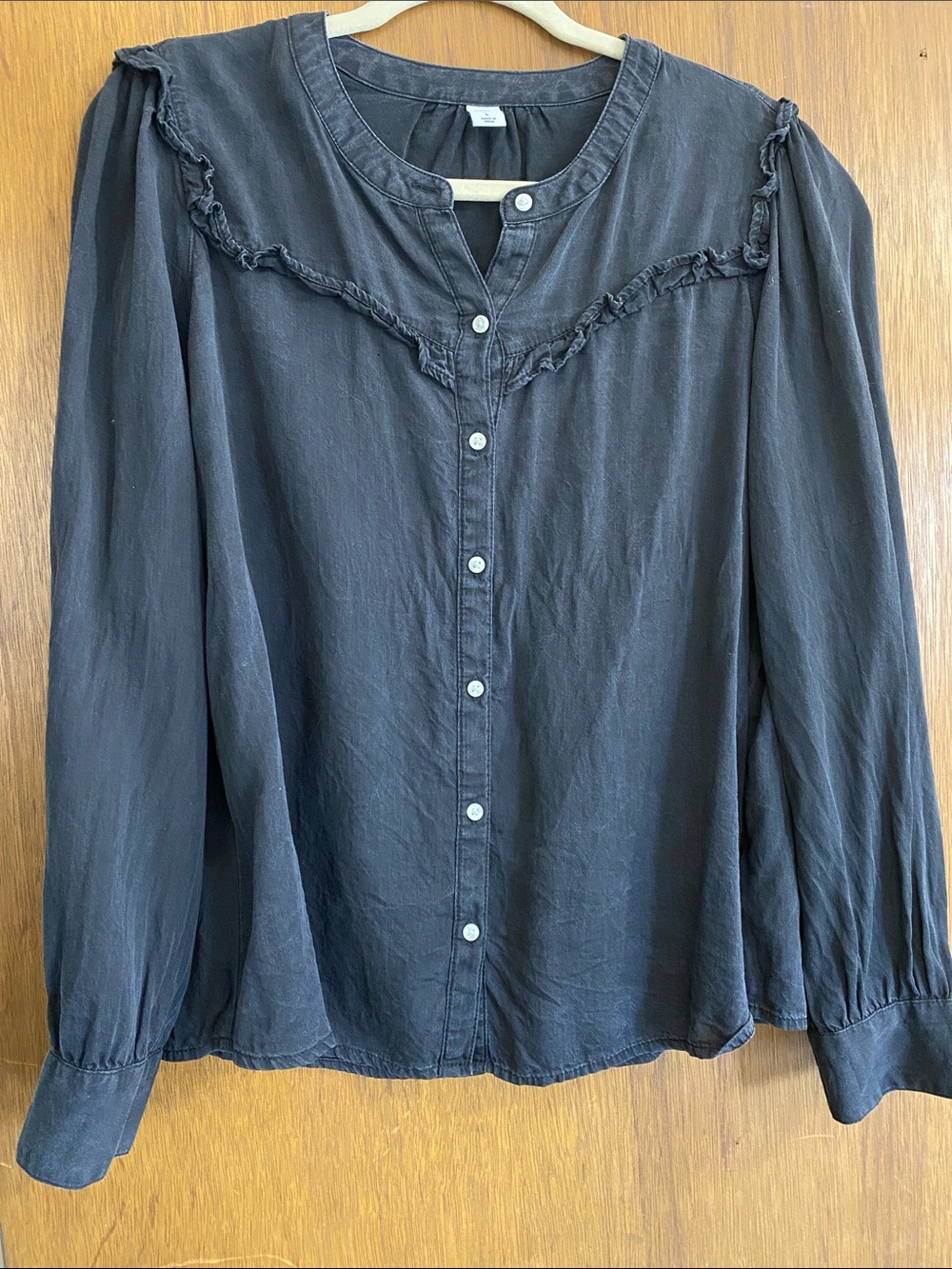 Old Navy Navy Button-Front Ruffle Yoke Blouse